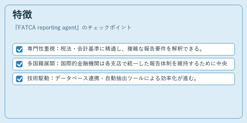 特徴（FATCA reporting agent）の図解
