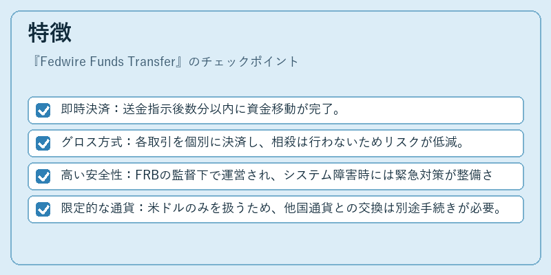 特徴（Fedwire Funds Transfer）の図解
