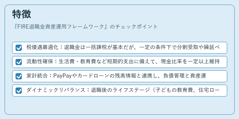 特徴（FIRE退職金資産運用フレームワーク）の図解