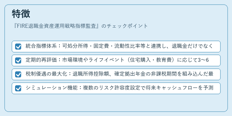 特徴（FIRE退職金資産運用戦略指標監査）の図解
