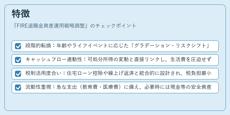 特徴（FIRE退職金資産運用戦略調整）の図解
