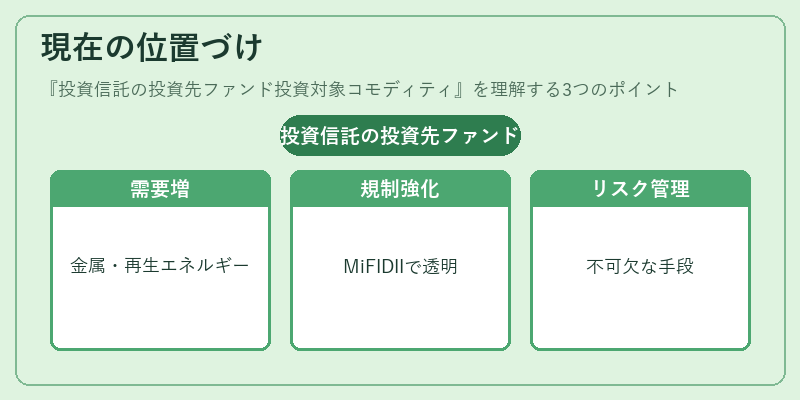 現在の位置づけ(投資信託の投資先ファンド投資対象コモディティ)の図解
