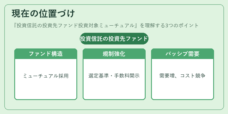 現在の位置づけ（投資信託の投資先ファンド投資対象ミューチュアル）の図解