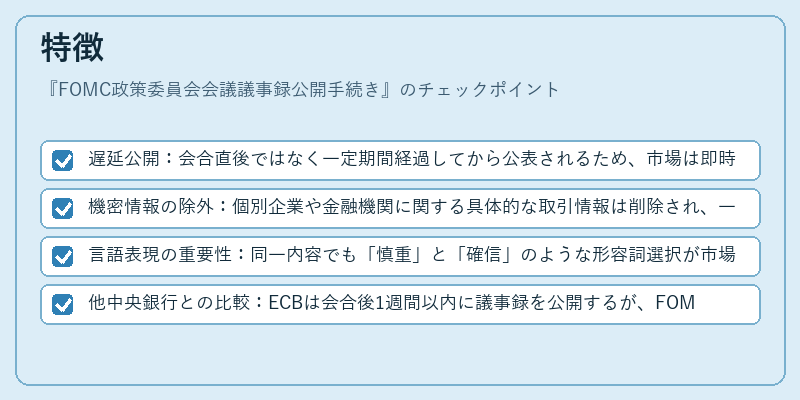 特徴（FOMC政策委員会会議議事録公開手続き）の図解