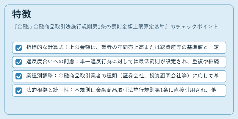 特徴（金融庁金融商品取引法施行規則第1条の罰則金額上限算定基準）の図解