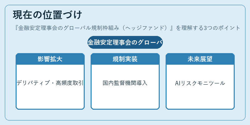 現在の位置づけ（金融安定理事会のグローバル規制枠組み（ヘッジファンド））の図解