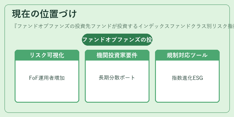 現在の位置づけ（ファンドオブファンズの投資先ファンドが投資するインデックスファンドクラス別リスク指数）の図解
