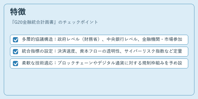 特徴(G20金融統合計画書)の図解