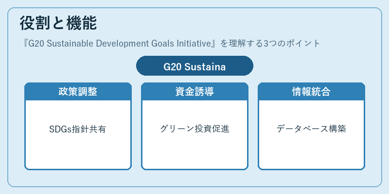 役割と機能（G20 Sustainable Development Goals Initiative）の図解