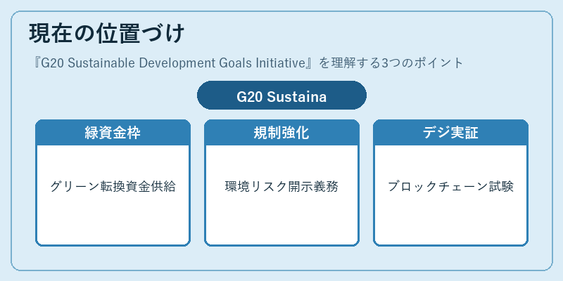 現在の位置づけ（G20 Sustainable Development Goals Initiative）の図解
