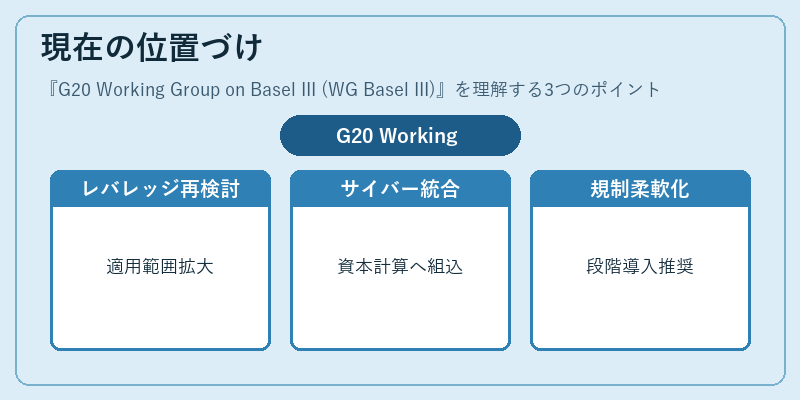 現在の位置づけ（G20 Working Group on Basel III (WG Basel III)）の図解