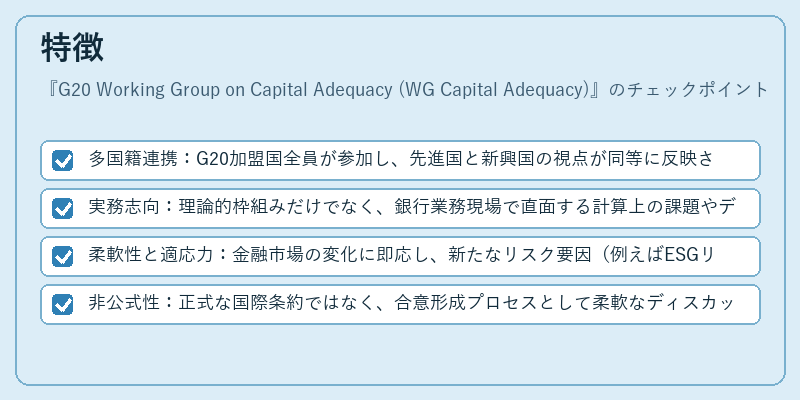 特徴（G20 Working Group on Capital Adequacy (WG Capital Adequacy)）の図解