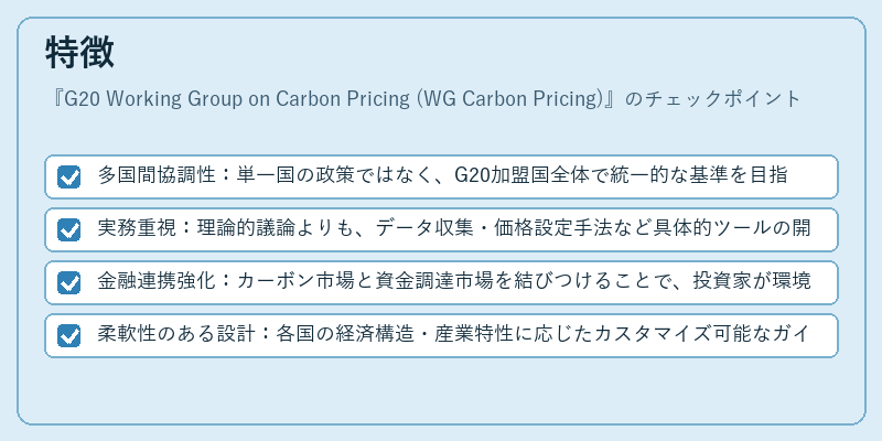 特徴（G20 Working Group on Carbon Pricing (WG Carbon Pricing)）の図解