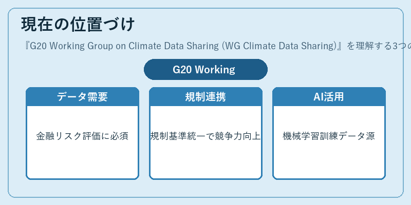 現在の位置づけ（G20 Working Group on Climate Data Sharing (WG Climate Data Sharing)）の図解