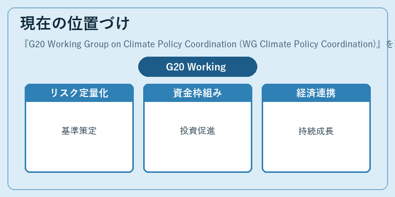 現在の位置づけ（G20 Working Group on Climate Policy Coordination (WG Climate Policy Coordination)）の図解