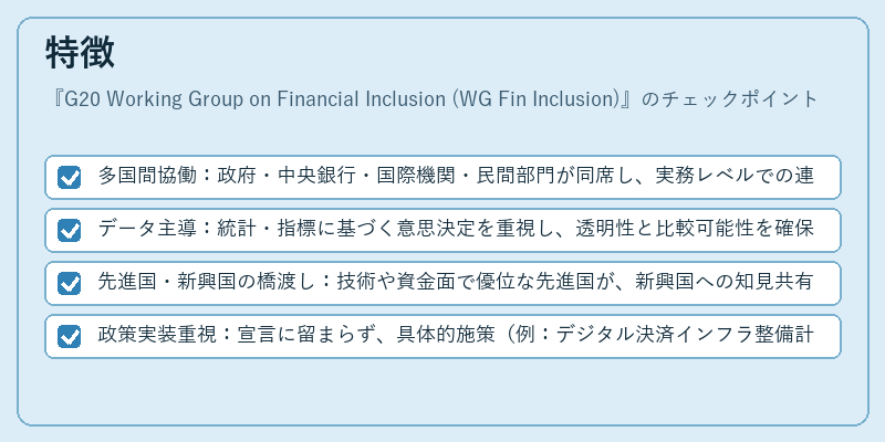 特徴（G20 Working Group on Financial Inclusion (WG Fin Inclusion)）の図解