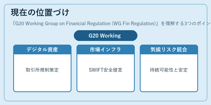 現在の位置づけ（G20 Working Group on Financial Regulation (WG Fin Regulation)）の図解