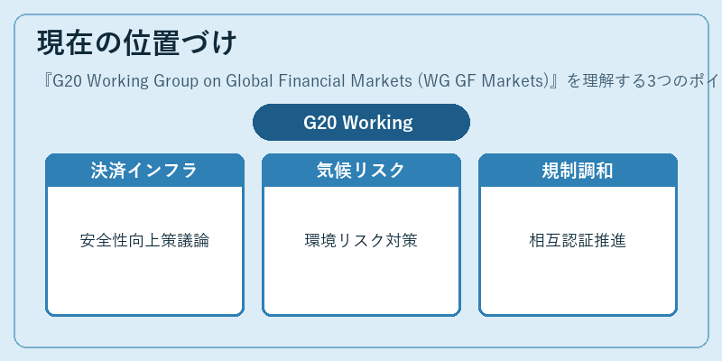 現在の位置づけ（G20 Working Group on Global Financial Markets (WG GF Markets)）の図解