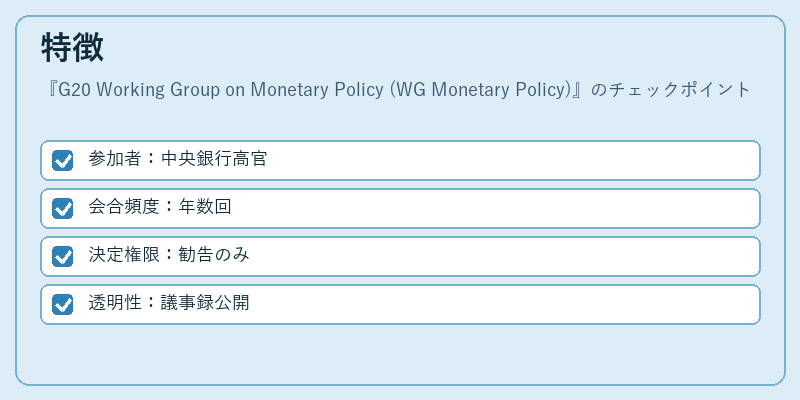 特徴（G20 Working Group on Monetary Policy (WG Monetary Policy)）の図解