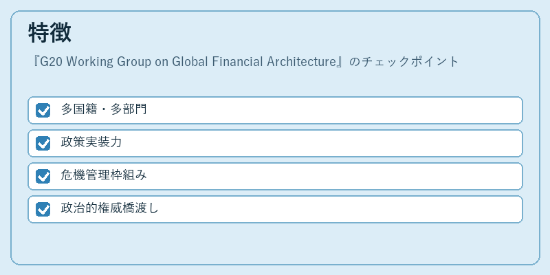特徴（G20 Working Group on Global Financial Architecture）の図解