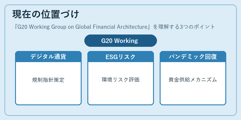 現在の位置づけ（G20 Working Group on Global Financial Architecture）の図解