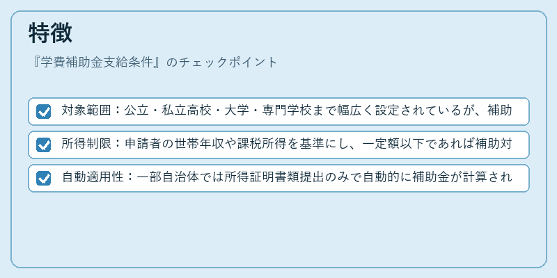 特徴（学費補助金支給条件）の図解