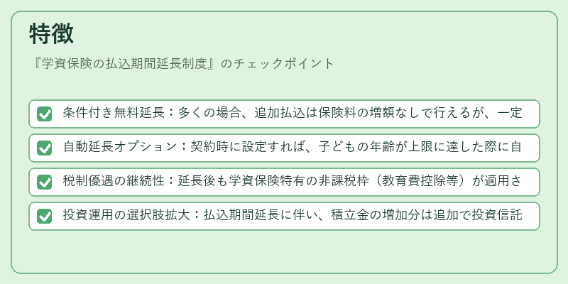 特徴（学資保険の払込期間延長制度）の図解