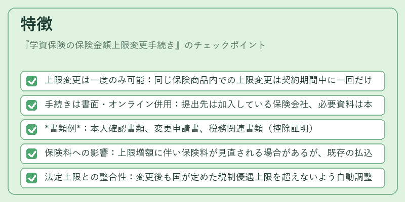 特徴（学資保険の保険金額上限変更手続き）の図解