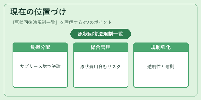現在の位置づけ（原状回復法規制一覧）の図解