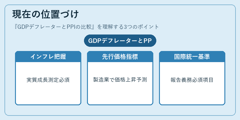現在の位置づけ（GDPデフレーターとPPIの比較）の図解
