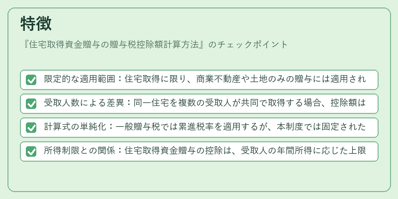 特徴（住宅取得資金贈与の贈与税控除額計算方法）の図解
