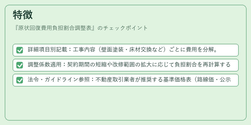 特徴（原状回復費用負担割合調整表）の図解