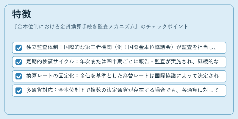 特徴（金本位制における金貨換算手続き監査メカニズム）の図解