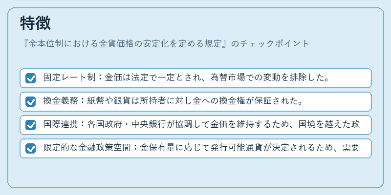特徴（金本位制における金貨価格の安定化を定める規定）の図解