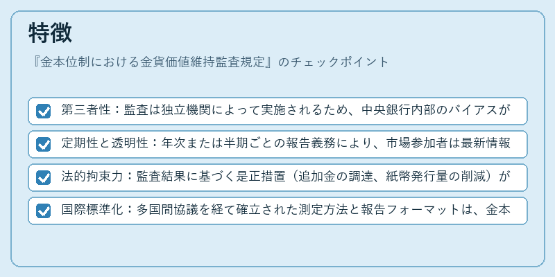 特徴（金本位制における金貨価値維持監査規定）の図解
