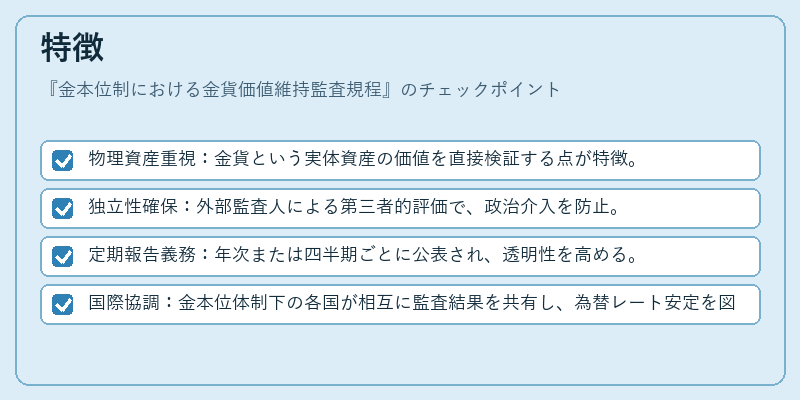 特徴（金本位制における金貨価値維持監査規程）の図解