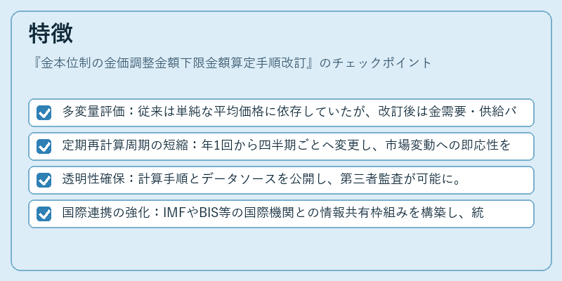 特徴（金本位制の金価調整金額下限金額算定手順改訂）の図解