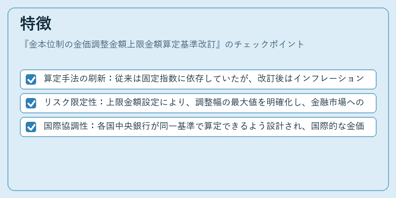 特徴（金本位制の金価調整金額上限金額算定基準改訂）の図解