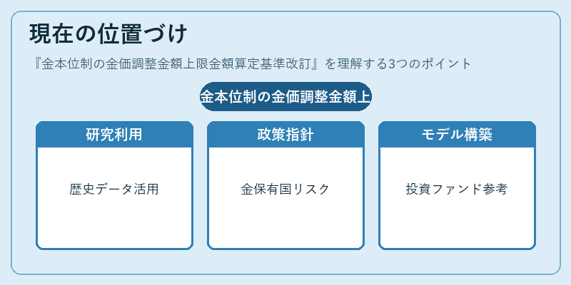 現在の位置づけ（金本位制の金価調整金額上限金額算定基準改訂）の図解
