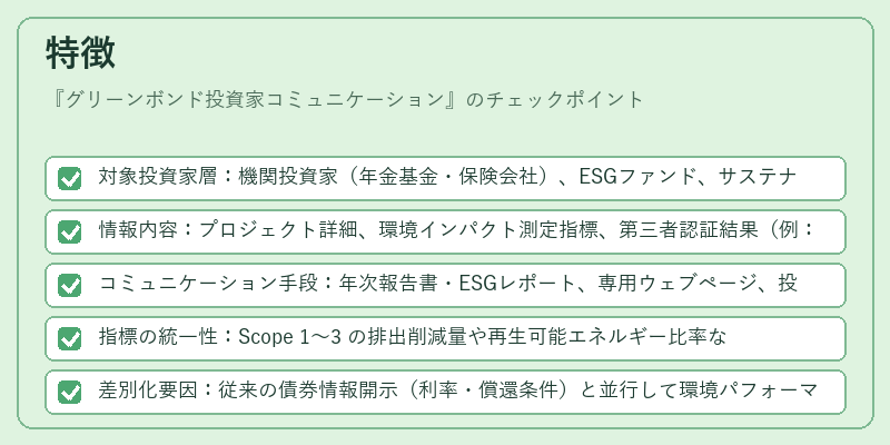 特徴（グリーンボンド投資家コミュニケーション）の図解