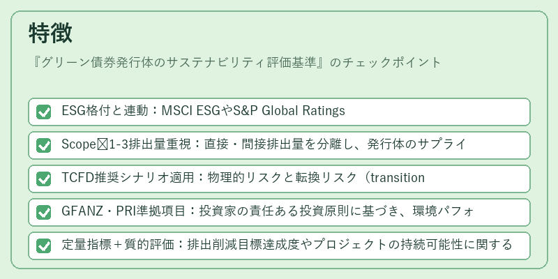 特徴（グリーン債券発行体のサステナビリティ評価基準）の図解