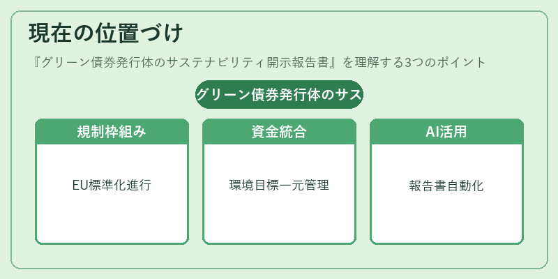 現在の位置づけ（グリーン債券発行体のサステナビリティ開示報告書）の図解