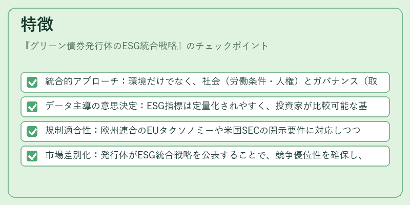 特徴（グリーン債券発行体のESG統合戦略）の図解