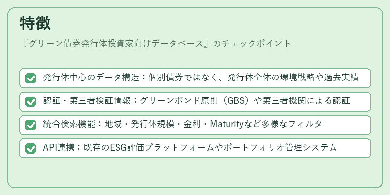特徴（グリーン債券発行体投資家向けデータベース）の図解
