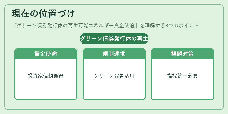 現在の位置づけ(グリーン債券発行体の再生可能エネルギー資金使途)の図解
