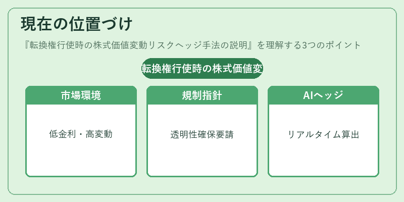 現在の位置づけ(転換権行使時の株式価値変動リスクヘッジ手法の説明)の図解