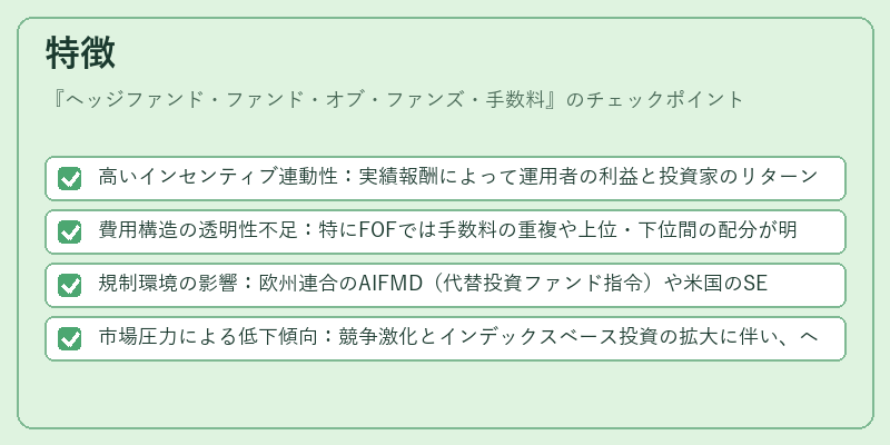 特徴（ヘッジファンド・ファンド・オブ・ファンズ・手数料）の図解