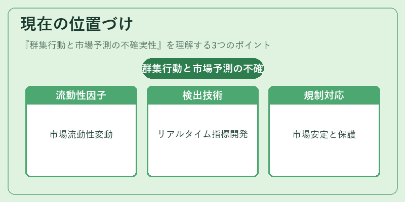 現在の位置づけ（群集行動と市場予測の不確実性）の図解