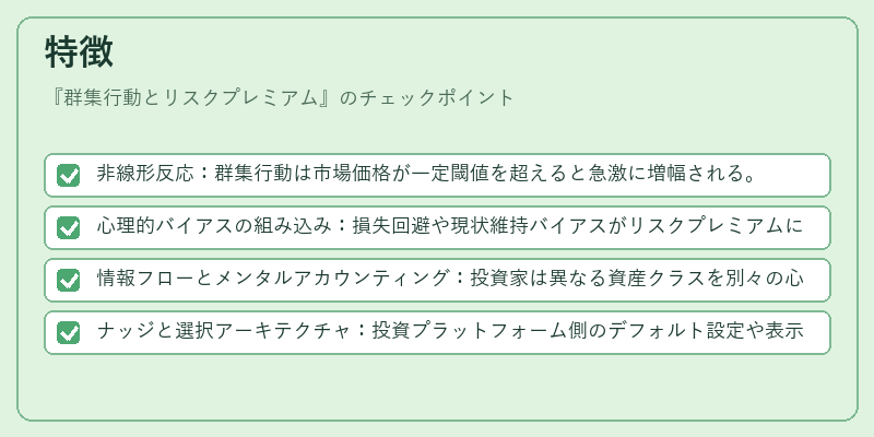 特徴(群集行動とリスクプレミアム)の図解