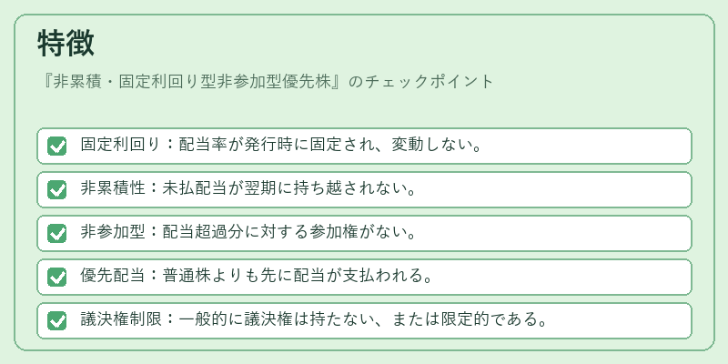 特徴（非累積・固定利回り型非参加型優先株）の図解